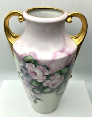 G.  RUSCH Signed Antique Vintage Austria Vase Hand - Painted Roses Flowers 8” tall 2