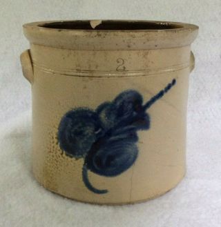 Antique 2 Gallon Stoneware Salt Glaze Crock With Cobalt Floral -
