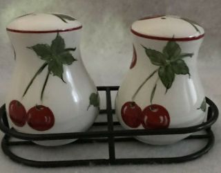 Salt & Pepper Shakers White Ceramic Hand Painted With Cherries In Holder Va 8