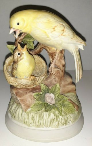 Vintage Gorham Bird Figurine Music Box Mother Feeding Baby Bird,  Yellow