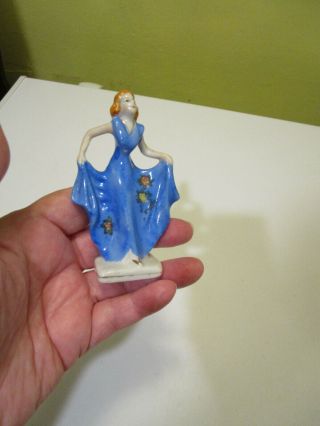 Vintage Art Deco Lady Figurine Miniature W/ Blue Dress Occupied Japan