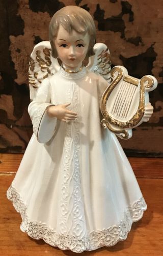 Vintage Porcelain Ceramic Robed Angel With Harp Gold Accents Christmas 7.  5 " Tall
