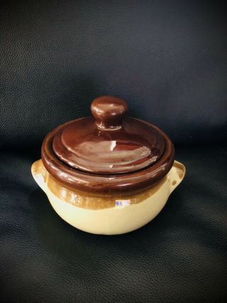 Vintage Small Stoneware Brown Tan Pot Crock With Lid