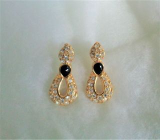 Vintage Swarovski Signed Gold Tone & Crystal Pierced Earrings Dangle Posts