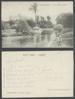Egypt 1918 Old Postcard Alexandria Girl Doll Nouzha Garden Palm Tree Bird Bridge