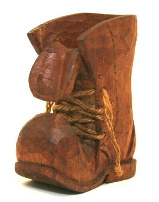 Hand Carved - Small 4 " - Wooden Boot With Rope Lace