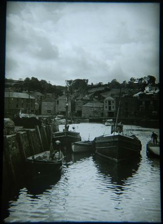 Vintage Magic Lantern Slide - Old Boats In Harbour Looe Cornwall