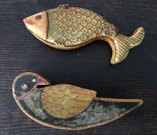 2 Vintage Hand Carved & Painted Swivel Top Wood Box Inscence Holders Fish & Bird