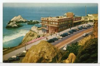Late 1940s - The Cliff House,  Seal Rocks & Vintage Autos,  San Francisco Postcard