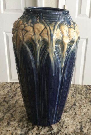 Vintage Brush Mccoy Amaryllis American Art Pottery Vase 11” Cobalt Blue Glaze
