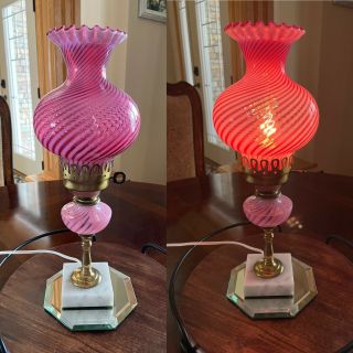 Vintage Fenton Cranberry Opalescent Spiral Optic Lamp Antique Marble Base