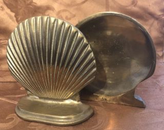 Vintage Heavy Solid Brass Scallop Shell Seashell Gold Book End Coastal Decor
