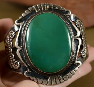 Old Pawn Navajo Vintage Green Jade Sterling Silver Harvey Cuff Bracelet 1950 