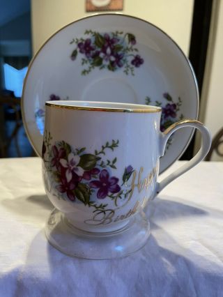 Vintage Tea Cup And Saucer " Happy Birthday " Marked 5542 1950s