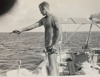 Vintage Photo Handsome Muscular Man W/ Pistol On Boat Deck Gay Interest Awesome