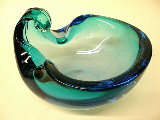 Large Vintage Murano Blown Art Glass Bowl Turquoise Blue Scroll Handle Italy