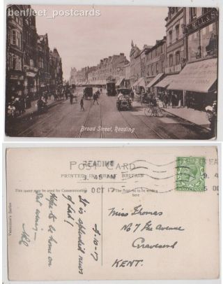 Early Postcard,  Berkshire,  Reading Broad St,  Old Shops,  Car Tram,  1917,
