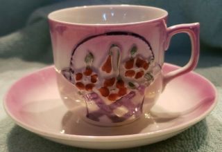 Vintage Registered Celebrate Tea Cup & Saucer.  Pink With Red Flowers