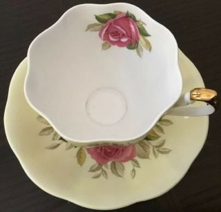 Vintage Cabbage Rose Queen Anne Tea Cup & Saucer Pale Yellow Scalloped Edge Pink 2