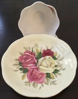 Vintage Cabbage Rose Queen Anne Tea Cup & Saucer Pale Yellow Scalloped Edge Pink 3