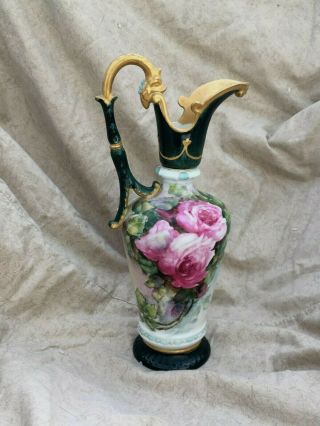 Vintage Antique Hand Painted Ewer Vase Roses