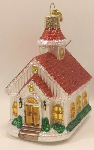 Old World Christmas Glass Ornament Red White Church With Glitter