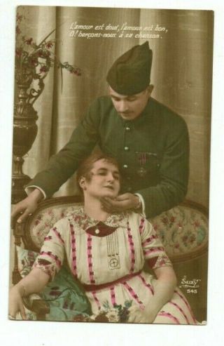 World War I Soldier And His Girlfriend Vintage Color French Suzy 545 Ww I France