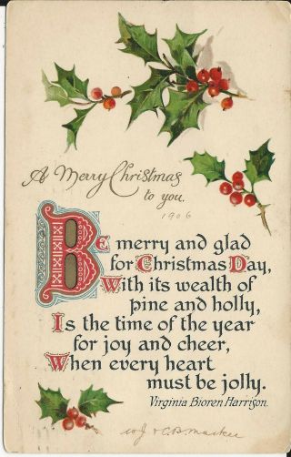 Old 1906 Udb Postal Hand Cancel Christmas P/c S R Hogg W Lanvale Baltimore Md