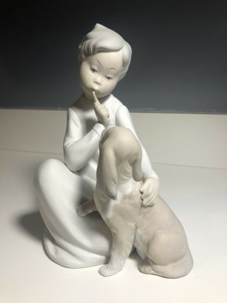 Lladro Boy With Dog - Shhhh Quiet Retired Matte Porcelain Figurine 4522