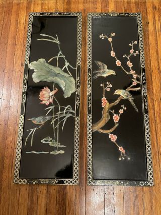 2 Vintage Oriental Mother Of Pearl Black Lacquer Wall Panel 36 " X12 " Bird Flower
