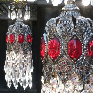 Swag Lamp Lantern Vintage Chandelier Spelter Brass Ruby Jewel Filigree Hollywood