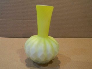 Diamond Quilted Bright Yellow 6 1/2 " Satin Glass Vase Flared Top Bulbous Vintage