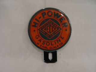 Vintage Heccolene Hi - Power Gasoline Oils 2 - Piece Porcelain License Plate Topper