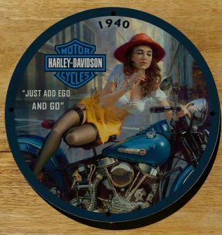 Vintage Porcelain 1940 Harley Davidson Motorcycles Pin Up Man Cave Garage Sign