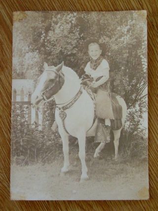 Vintage Photo Little Boy Cowboy On Pony Named Silver Chaps Hat Saddle Holster