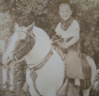 Vintage Photo Little Boy cowboy on Pony named Silver chaps hat saddle holster 2