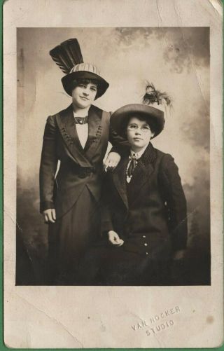 Vintage Michigan Mi Rppc Postcard 2 Women In Fancy Hats Van Hocker Photographer