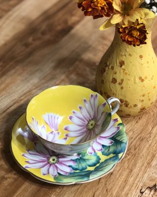 Saji China Teacup Hand Painted Japan Yellow/pink/green Gold Trimmed
