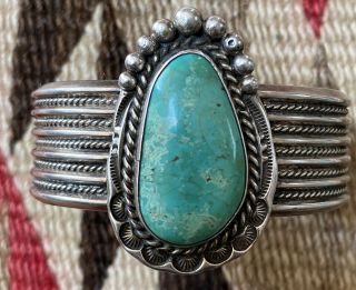 Vintage Navajo Sterling Silver Cuff Bracelet With Natural Carico Lake Turquoise