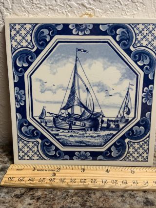 Vintage Delft Holland Handmade P.  S.  Ceramic Tiles - Sailboat