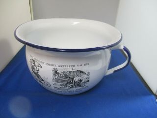 Vintage White Enamelware Chamber Pot With Cobalt Blue Handle And Rim Vtg.  Advert