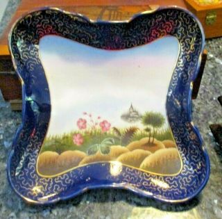 Antique German Cobalt Blue W Gold Sweetmeat Dish - Castle And Floral Scene