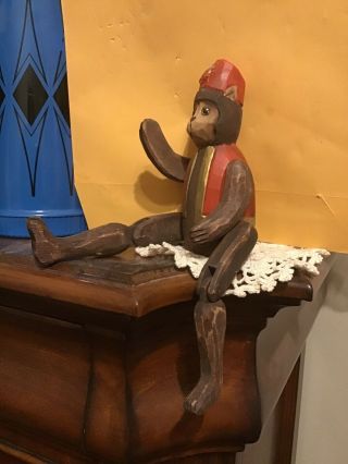 Vintage Wooden Organ Grinder Monkey Folk Art Shelf Sitter Hand Carved 2