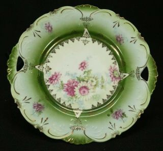 Antique Hand Painted Plate Pink Flowers Green Background Gold Accents 10 3/4 "
