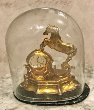 Antique Miniature Dollhouse Clock Horse French Glass Dome Soft Metal Ormolu