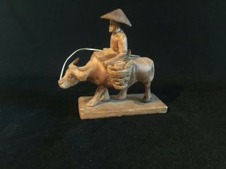 Vintage Asian Wood Hand Carved Chinese Water Buffalo With Rider