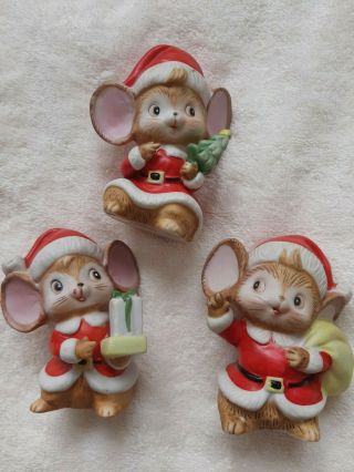 3 Vintage Homco Christmas Mice 5405 Taiwan Ceramic Santas