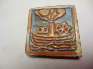Mercer Moravian Pottery & Tile Red Ware Art Tile Paddlewheel Ship Boat 3 "