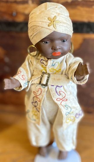 Antique German 8” Rare Black Character Doll With Orig Body Cute Outfit