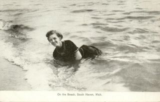 V Mich Bathing Beauty On The Beach,  South Haven Michigan Vintage Litho Postcard